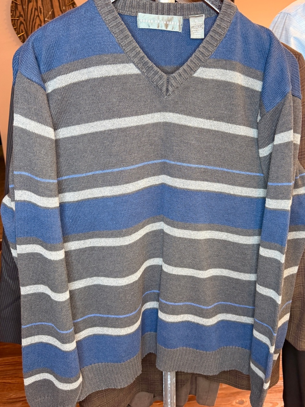 Oscar de la Renta Blue, Gray & White Striped V-Neck Sweater